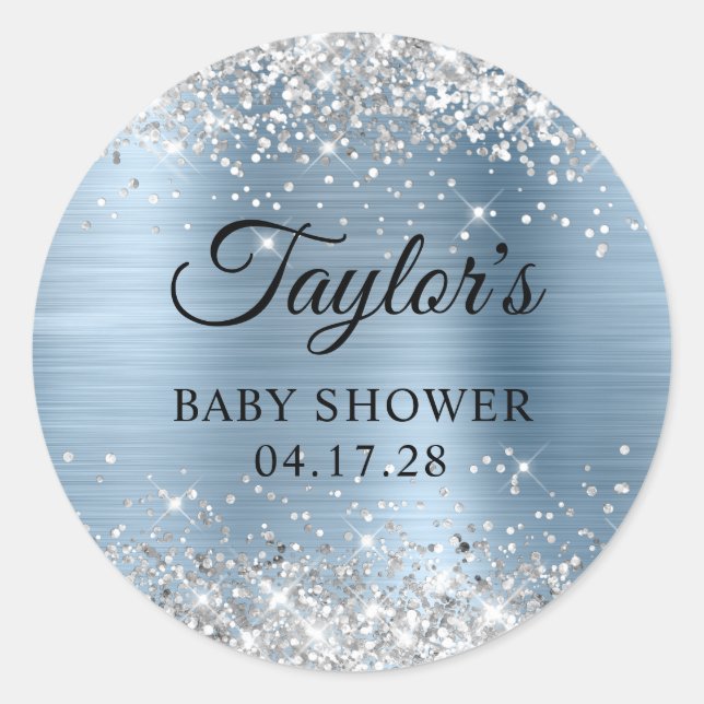 Glittery Silver Light Blue Foil Baby Shower Classic Round Sticker (Front)