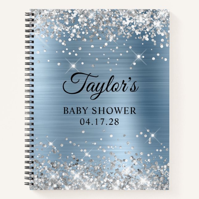 Glittery Silver Light Blue Foil Baby Shower Notebook (Front)
