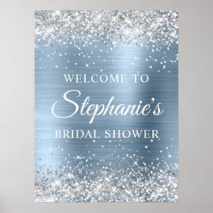 Glittery Silver Light Blue Foil Bridal Shower Poster