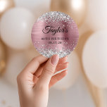Glittery Silver Light Pink Foil 40th Birthday Classic Round Sticker<br><div class="desc">Create your own 40th birthday party favour stickers. Girly faux sparkly silver glitter on the top and bottom edge, over a faux light pink metallic style ombre foil. Customize the font styles to create your own favour sticker design for her special celebration. A classic elegant calligraphy paired with an all...</div>