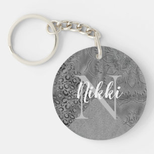 Glittery Silver Lotus Leopard Monogram Keychain