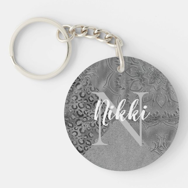 Glittery Silver Lotus Leopard Monogram           Keychain (Front)