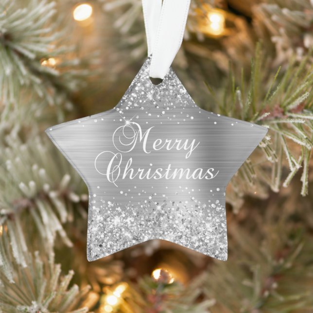 Glittery Silver Merry Christmas Ornament (Tree)