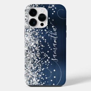 Glittery Silver Navy Blue Glam Curly Signature iPhone 14 Pro Max Case