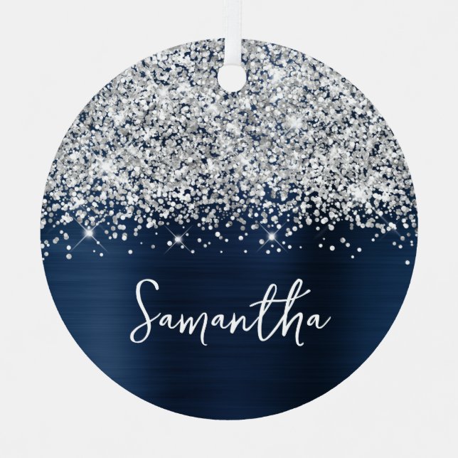 Glittery Silver Navy Blue Glam Name Metal Ornament (Front)