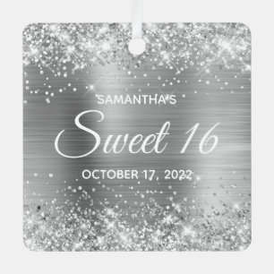 Glittery Silver Ombre Foil Sweet 16 Metal Ornament