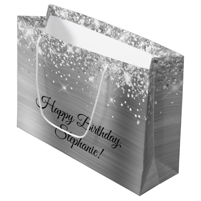 Glittery Silver Personalized Happy Birthday Large Gift Bag (Front Angled)