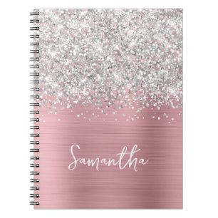 Glittery Silver Pink Blush Glam Script Name Notebook