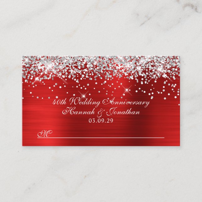 Glittery Silver Red 40th Wedding Anniversary Place Card (Front)
