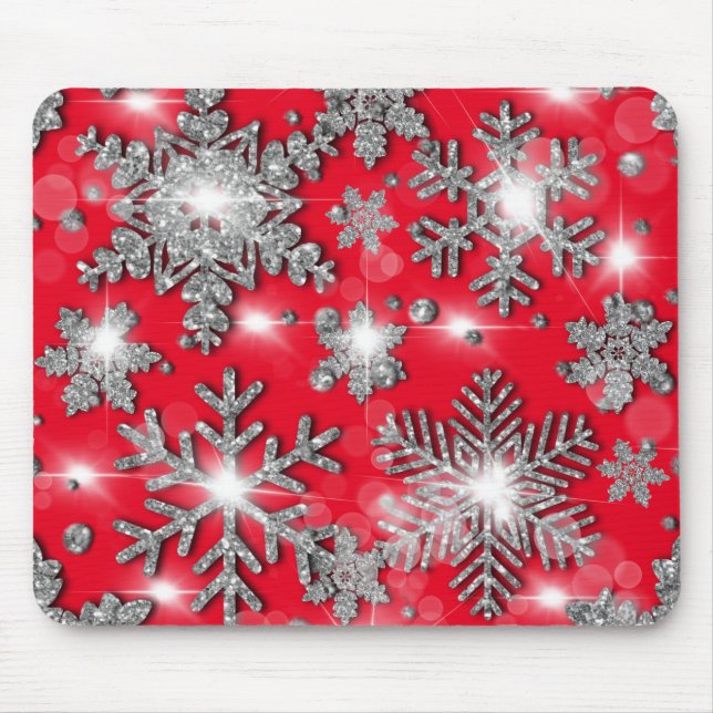 Glittery silver red festive snowflake pattern  mouse pad (Front)