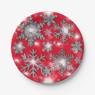 Glittery silver red festive snowflake pattern paper plate