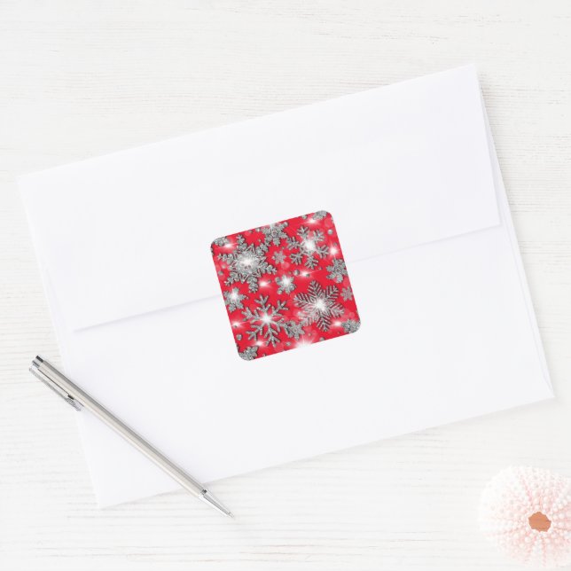 Glittery silver red festive snowflake pattern   square sticker (Envelope)