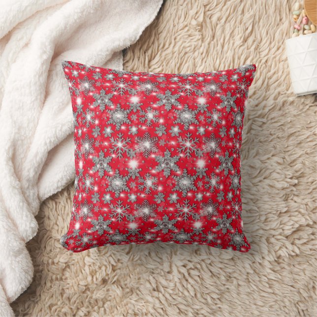 Glittery silver red festive snowflake pattern    throw pillow (Blanket)