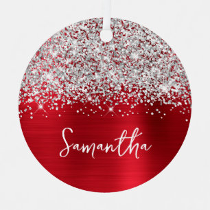 Glittery Silver Red Glam Name Metal Ornament