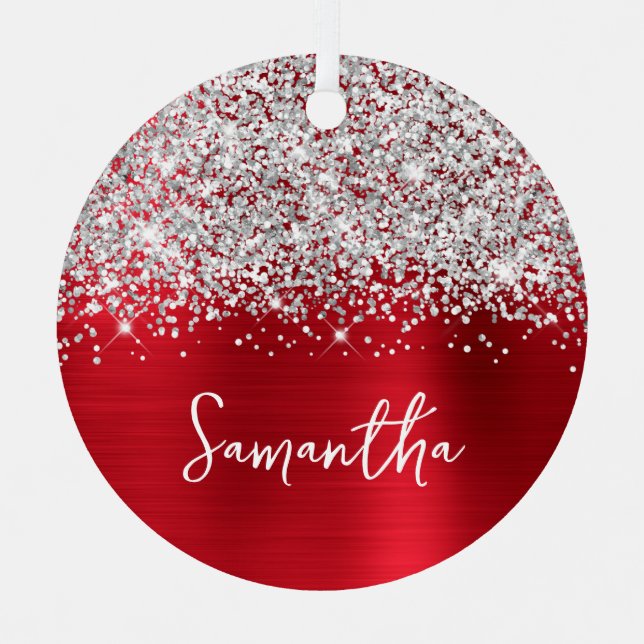 Glittery Silver Red Glam Name Metal Ornament (Front)