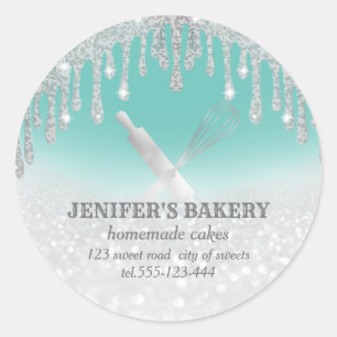 Glittery silver rolling pin & whisk chef bakery classic round sticker