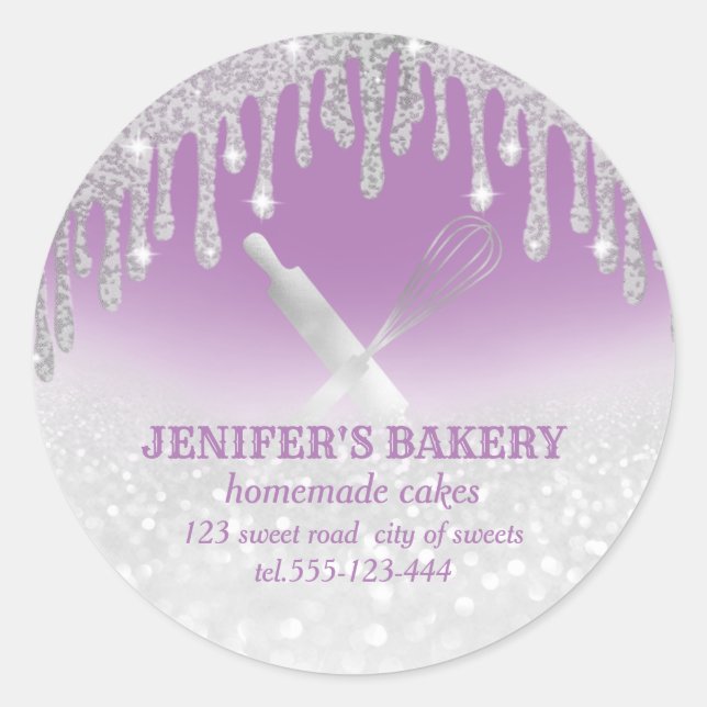 Glittery silver rolling pin & whisk chef bakery classic round sticker (Front)