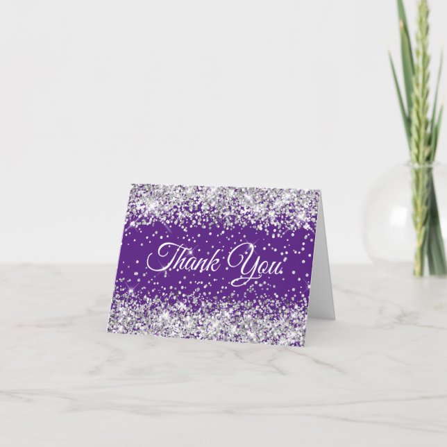 Glittery Silver Royal Purple 40th Birthday Thank You Card (Front)