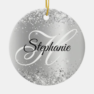 Glittery Silver Shimmer Fancy Monogram Ceramic Ornament