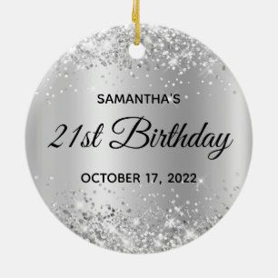 Glittery Silver Shimmer Ombre 21st Birthday Ceramic Ornament