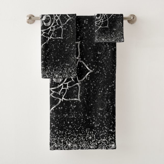 Glittery Silver Stars OM Lotus Mandala on Black Bath Towel Set (Insitu)