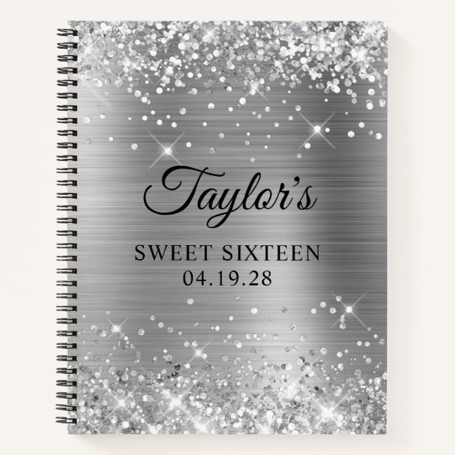 Glittery Silver Sweet Sixteen Guest Notebook (Front)
