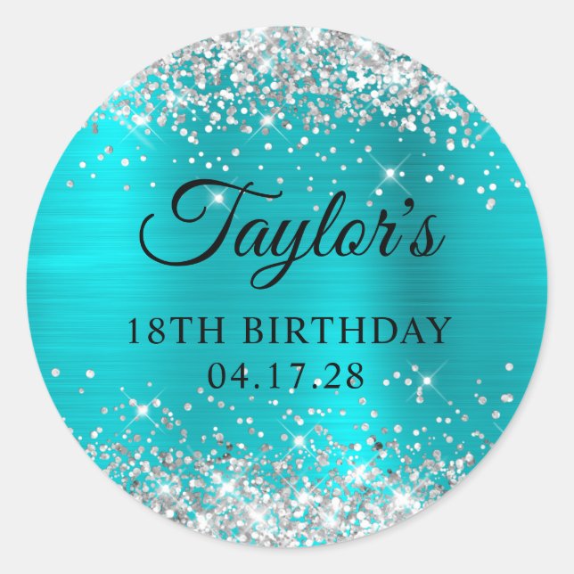 Glittery Silver Turquoise Blue Foil 18th Birthday Classic Round Sticker (Front)