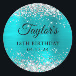 Glittery Silver Turquoise Blue Foil 18th Birthday Classic Round Sticker<br><div class="desc">Create your own 18th birthday party favour stickers. Girly faux sparkly silver glitter on the top and bottom edge, over a faux aqua turquoise blue brushed metal style ombre foil. Customize the font styles to create your own favour sticker design for her special celebration. A classic elegant calligraphy paired with...</div>