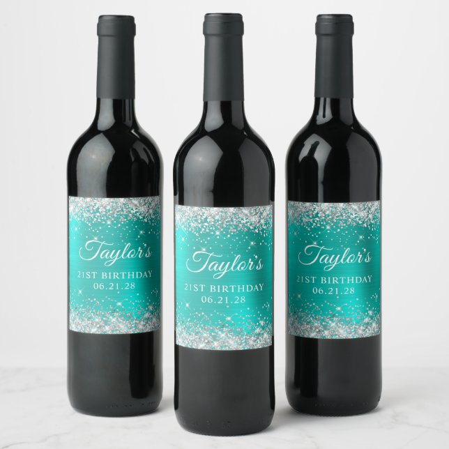 Glittery Silver Turquoise Foil 21st Birthday Wine Label (Bottles)