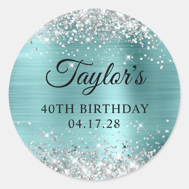 Glittery Silver Turquoise Shine Foil 40th Birthday Classic Round Sticker (Front)
