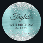 Glittery Silver Turquoise Shine Foil 40th Birthday Classic Round Sticker<br><div class="desc">Create your own 40th birthday party favour stickers. Girly faux sparkly silver glitter on the top and bottom edge, over a faux light blue shine turquoise metallic style ombre foil. Customize the font styles to create your own favour sticker design for her special celebration. A classic elegant calligraphy paired with...</div>