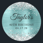 Glittery Silver Turquoise Shine Foil 40th Birthday Classic Round Sticker<br><div class="desc">Create your own 40th birthday party favour stickers. Girly faux sparkly silver glitter on the top and bottom edge, over a faux light blue shine turquoise metallic style ombre foil. Customize the font styles to create your own favour sticker design for her special celebration. A classic elegant calligraphy paired with...</div>
