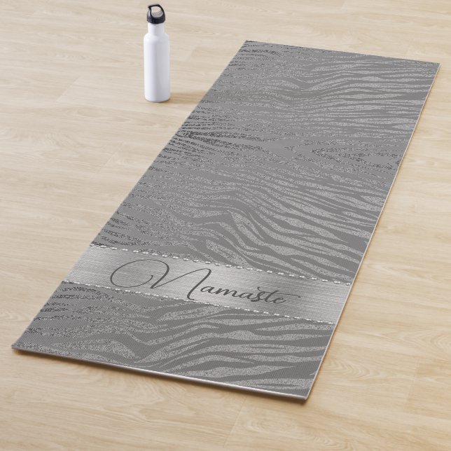 Glittery Silver Zebra Print on Grey Personalized Yoga Mat (In Situ)