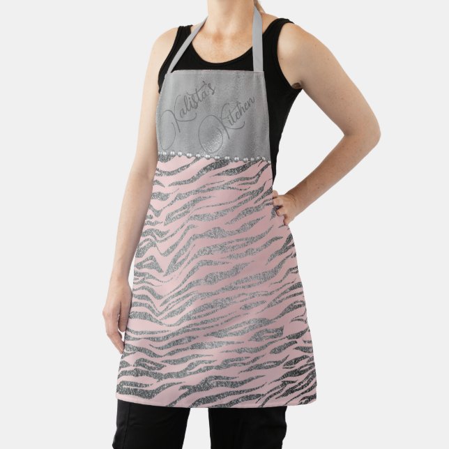 Glittery Silver Zebra Print on Pink Personalized Apron (Insitu)