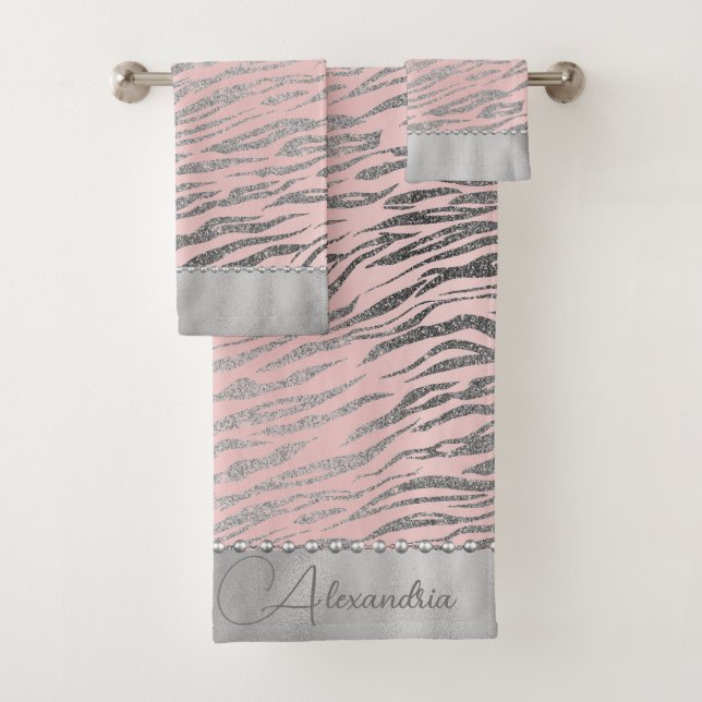 Glittery Silver Zebra Print on Pink Personalized Bath Towel Set (Insitu)