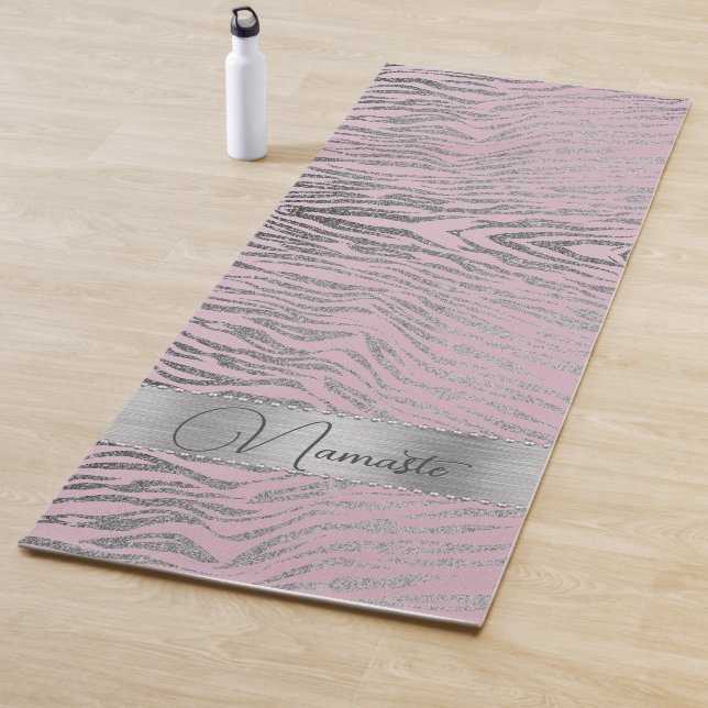 Glittery Silver Zebra Print on Pink Personalized Yoga Mat (In Situ)