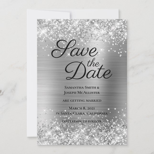 Glittery Silvery Grey Ombre Foil Save The Date (Front)