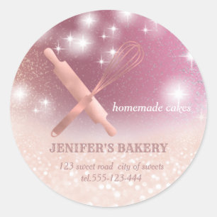 Glittery sparkle rolling pin & whisk chef bakery c classic round sticker
