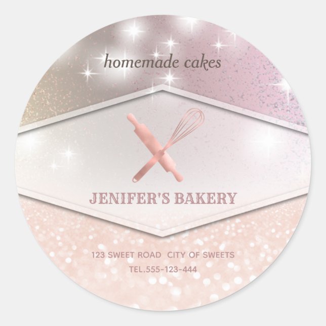 Glittery sparkle rolling pin & whisk chef bakery  classic round sticker (Front)