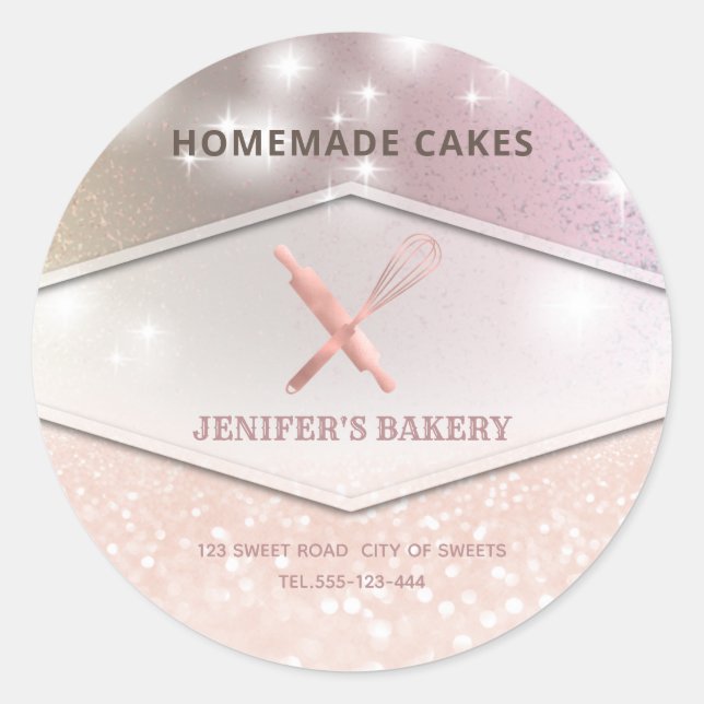 Glittery sparkle rolling pin & whisk chef bakery   classic round sticker (Front)