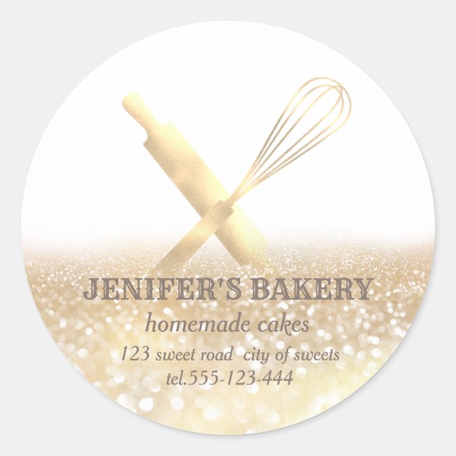 Glittery sparkle rolling pin & whisk chef bakery classic round sticker (Front)