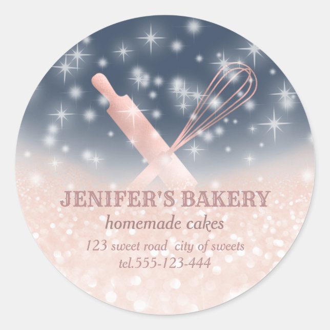 Glittery sparkle rolling pin & whisk chef bakery classic round sticker (Front)