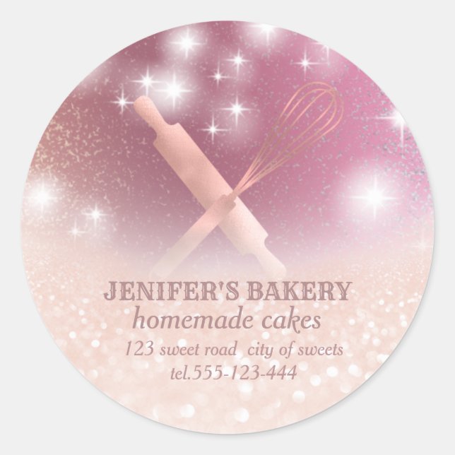Glittery sparkle rolling pin & whisk chef bakery classic round sticker (Front)