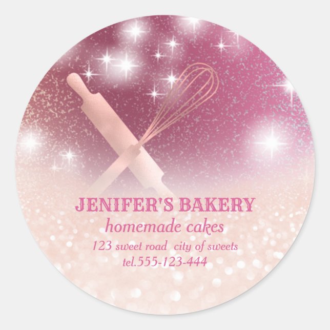Glittery sparkle rolling pin & whisk chef bakery classic round sticker (Front)