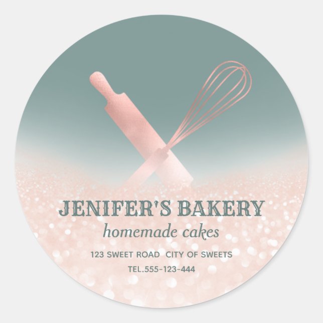 Glittery sparkle rolling pin & whisk chef bakery classic round sticker (Front)