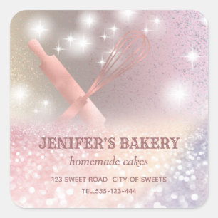 Glittery sparkle rolling pin & whisk chef bakery s square sticker