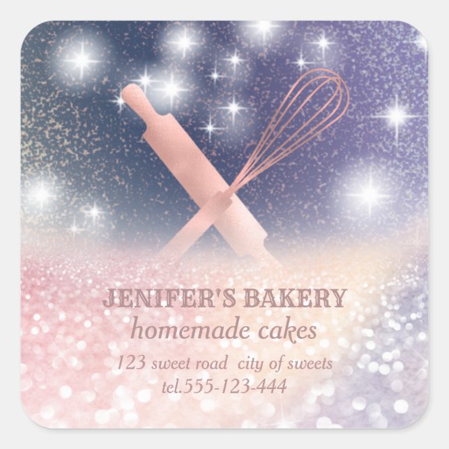 Glittery sparkle rolling pin & whisk chef bakery square sticker (Front)