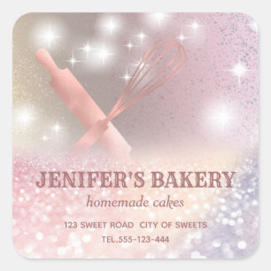 Glittery sparkle rolling pin & whisk chef bakery  square sticker