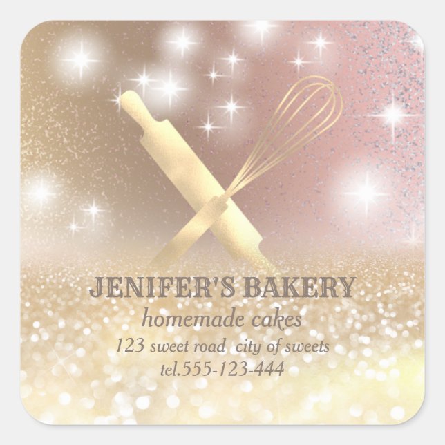Glittery sparkle rolling pin & whisk chef bakery square sticker (Front)