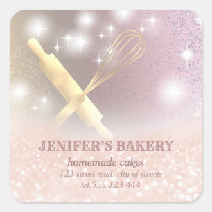 Glittery sparkle rolling pin & whisk chef bakery square sticker